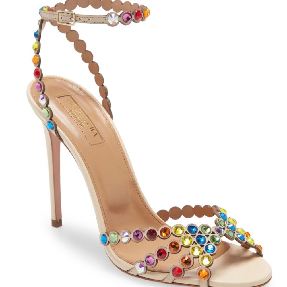 Aquazurra Tequila rainbow crystal embellished leather sandals